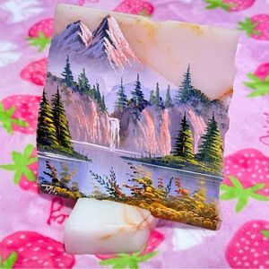 Hand-Painted Mountain Landscape Marble Tile Art Estate Sale One of a Kind Vintag